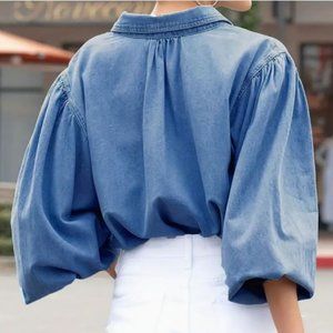 Blue Long Sleeves Denim Shirt, Flap Pockets Single Breasted Button Lapel Denim